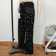 thumbnail image 6 of hoksml Women's Pearl Rhinestone Wide Leg Jeans, High Waist Loose Denim Pants with Studs Black, 6 of 9