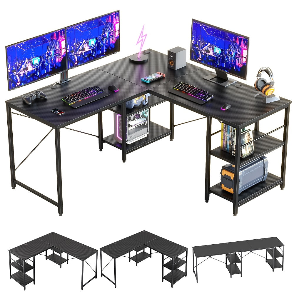 Bestier 95.5 inches L-Shaped Computer Desk Long Table for Home Office Carbon Fiber
