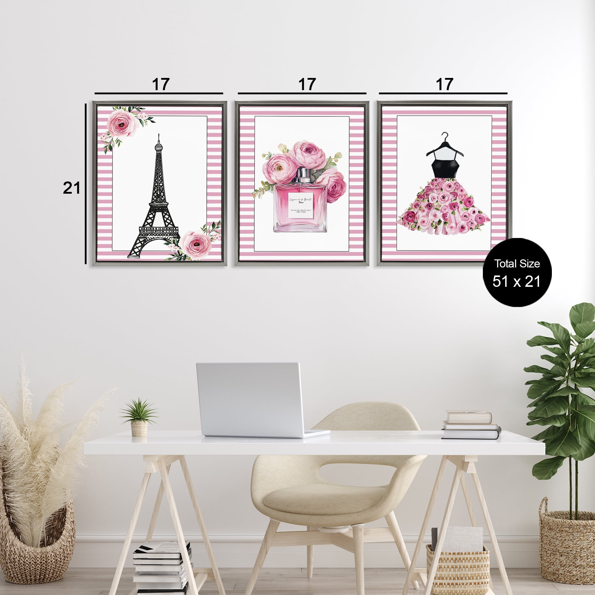 Parisian Glam with Stripes 3 Piece Gray Framed Floater Canvas Set, design by Christine Simpson Art