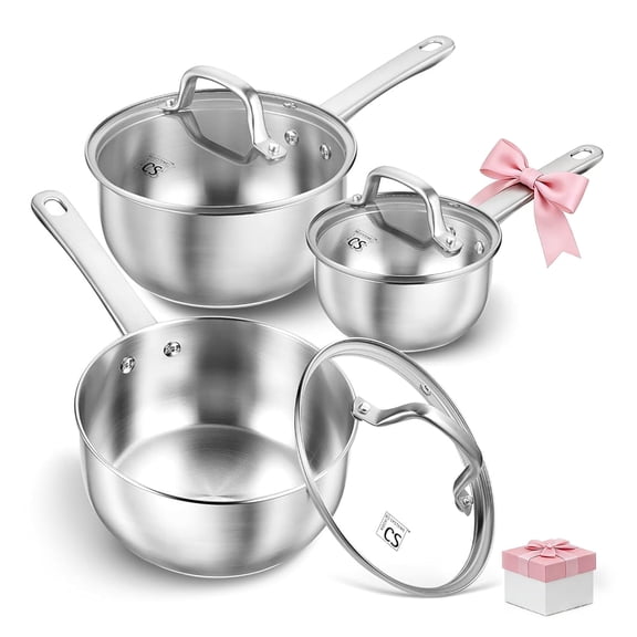 Koch Systeme CS Stainless Steel Saucepan Set with Lid, 1QT & 2QT & 3QT Stainless Steel Sauce Pan with Lids, 6 Piece Steel Pot Set, Induction Compatible