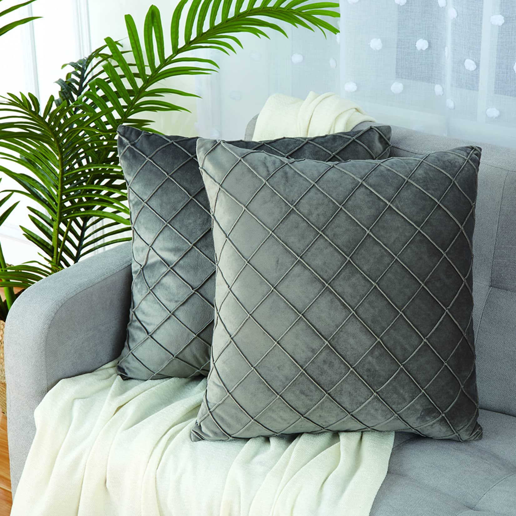 Oyang Velvet Decorative Pleated Throw Pillow Covers, Soft Solid Square