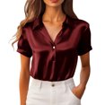 thumbnail image 3 of ClodeEU Women's Satin Half Button Notched Lapel Short Sleeve Shirts,Casual Office Blouse Wine,Womens Plus S, 3 of 9