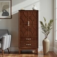 thumbnail image 2 of GZXS Pantry Cabinet with Storage, Vintage Accent Cabinet with 2 Geometric Doors and 2 Bottom Drawers, Adjustable Shelves, for Dining Area and Living Space, 23.7"L x 15.7"W x 53.5"H, Walnut, 2 of 9