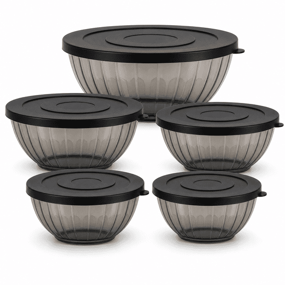5-Piece Mixing Bowl Set with Lids, Food-Grade PP Plastic Nesting Bowls, 23–84.5 fl oz Reusable Food Storage and Serving Bowls for Meal Prep, Salad, Snacks, Black