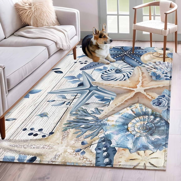Area Rugs 2.7'x5', Blue Starfish Coastal Carpet for Living Room Bedroom Dining Room, Eucalyptus Summer Nautical Shell Wooden Throw Kitchen Rugs Non Slip Washable Rectangle Indoor Outdoor Rugs
