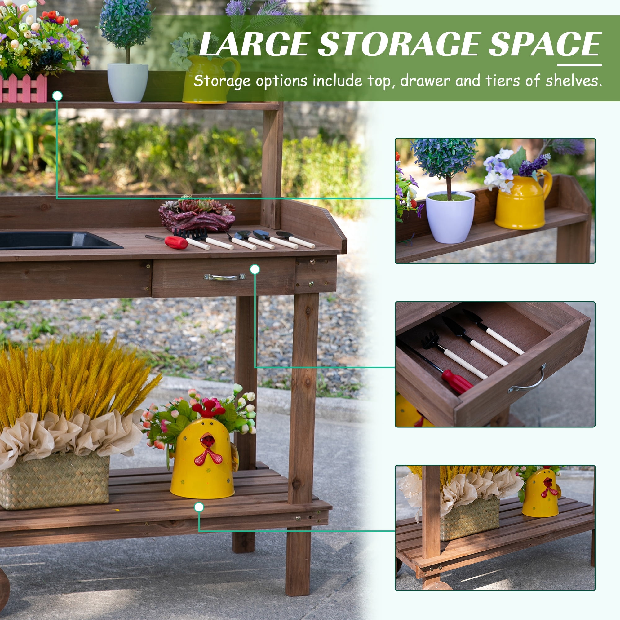36" Wooden Potting Bench Work Table with 2 Removable Wheels, Sink, Drawer & Large Storage Spaces, Brown