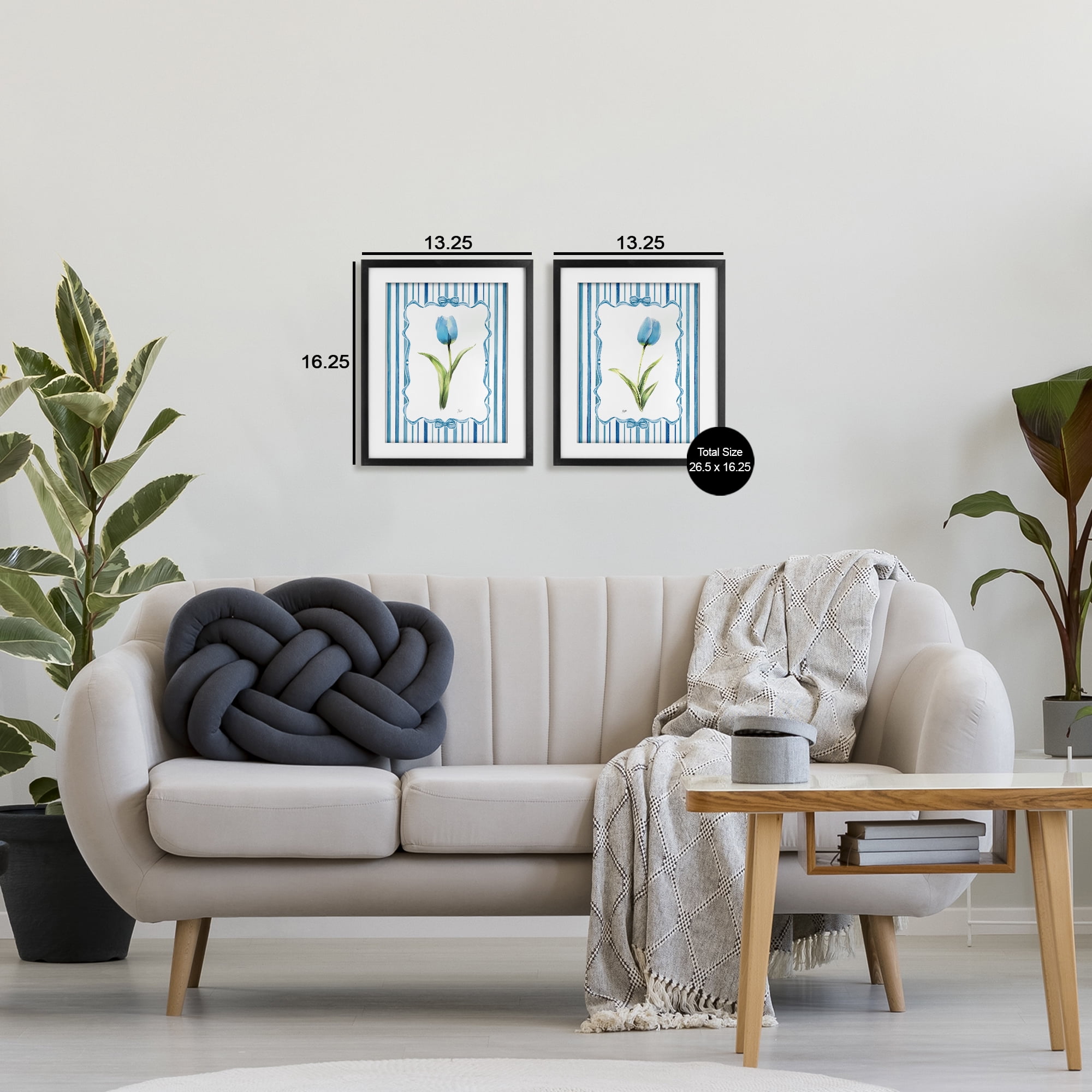 Stupell Industries Blue Tulips with Feminine Ribbon 2 Piece Black Framed Print Under Glass Set, design by Nan
