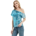 thumbnail image 4 of Womens Short Sleeve One Shoulder Sparkly Glitter Sequin Top Shirt, 4 of 5
