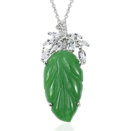 Jade Silver Necklace - Chain Pendant Necklace 925 Sterling Silver Green Jade White Topaz Gift Jewelry Size 18