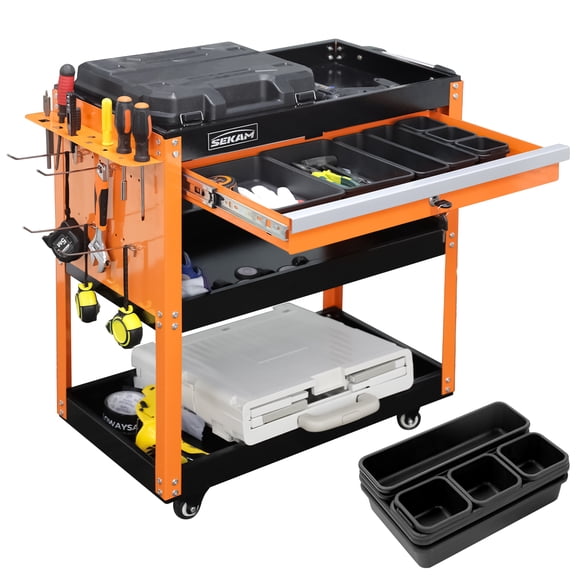 SEKAM 3-Tier Rolling Tool Cart with Drawer, 440 lbs Heavy Duty Mechanic Utility Cart with Wheels & 8-Piece Organizer Set, Orange