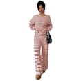 thumbnail image 4 of Domzest Womens 2 Piece Sets Crew Neck Long Sleeve Striped Blouse Matching Elastic High WaistWide Leg Pants Casual Spring Fall Outfits Red M, 4 of 6