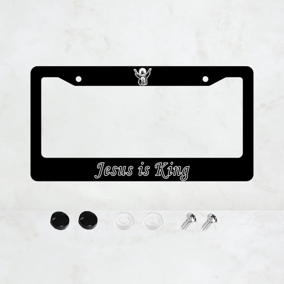1ps Jesus is King License Plate Prame Aluminum Rust-Proof Auto Parts License Plate Decorative Screws Fit Standard 2 Holes 1 U.S. License Plate, 12.2x 6.3 Inch