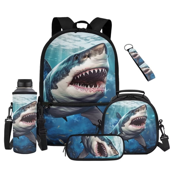 Uorisanigo 5 PCS Shark Kids' Backpacks Set Travel School Boys Backpack Set Bookbag Student Book Bag with Lunch Box Pencil Bag Water Bottle Sleeve Keychain for Primary Middle School Lightweight