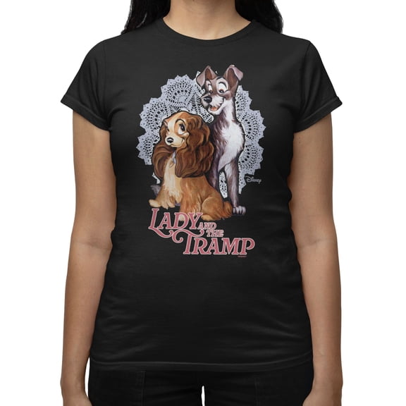 Disney Lady And The Tramp Women's Doily Couple T-Shirt (Black, S-XXL)