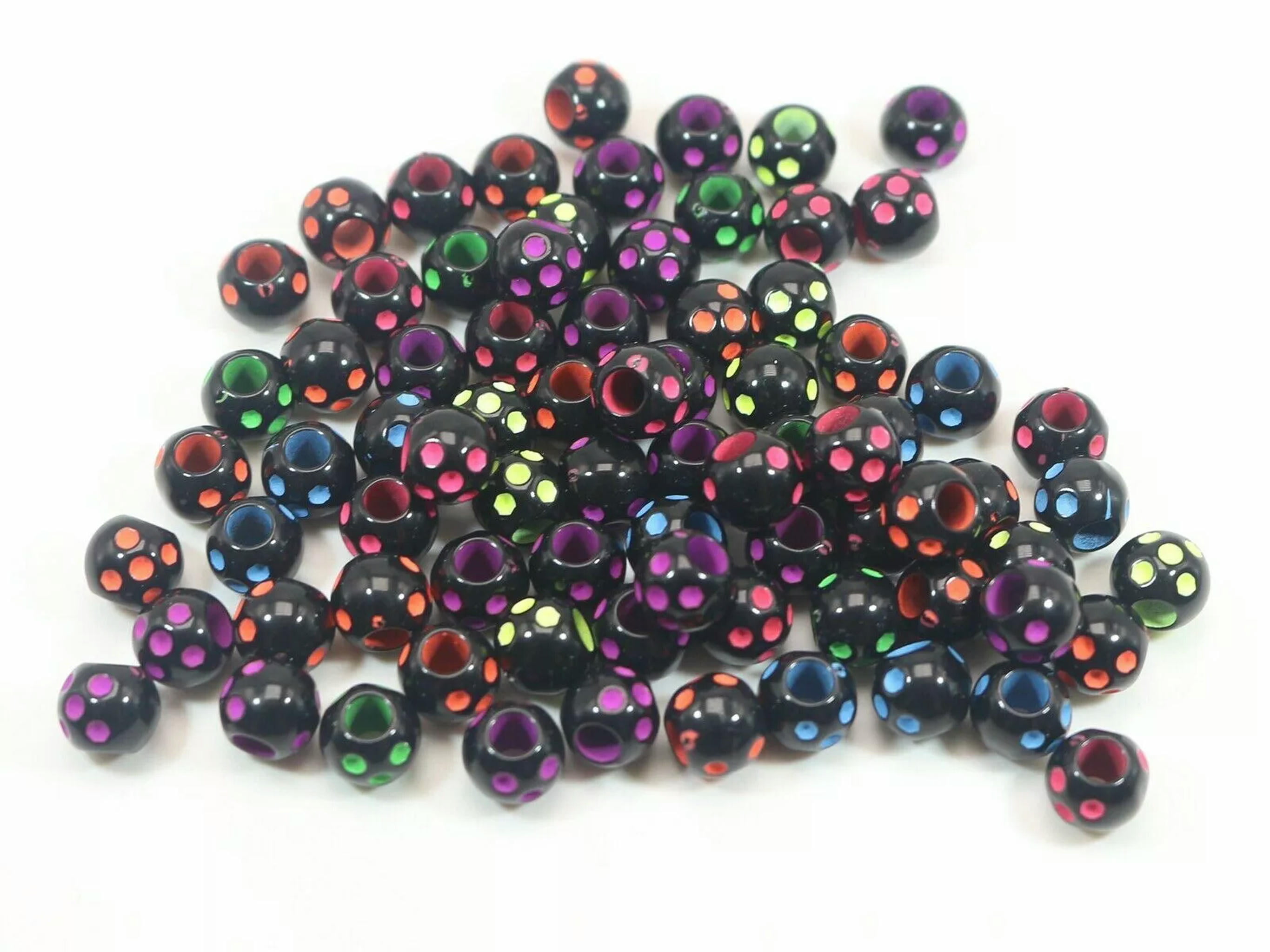 U8MO 200 Black with Neon Coloured Dots Round Pony Beads 10mm for Kids Craft Kandi
