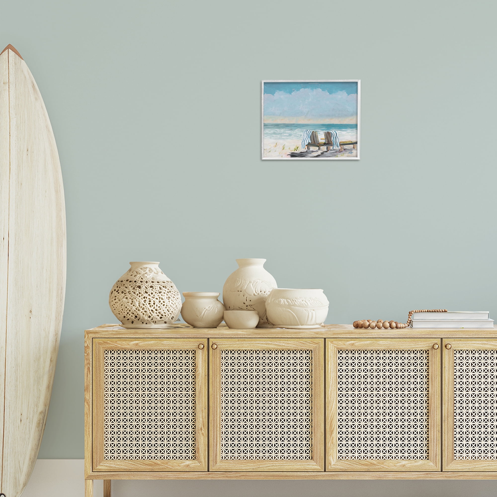 Stupell Industries Peaceful Beach Chairs Landscape Painting White Framed Art Print Wall Art, 14 x 11