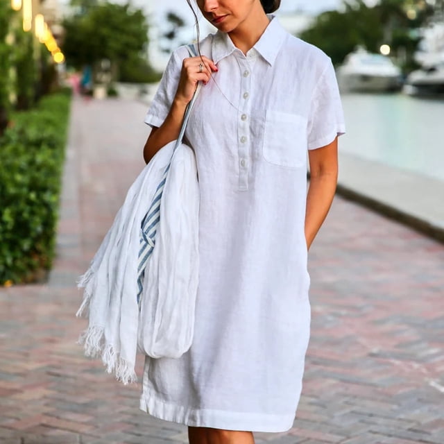 Pisexur Robe à Manches Courtes à Col en V Longueur Genou Mode Femmes Automne Uni Décontractée Col Rabattu Manches Courtes Vacances Boutons Poches Robe Femmes Robe