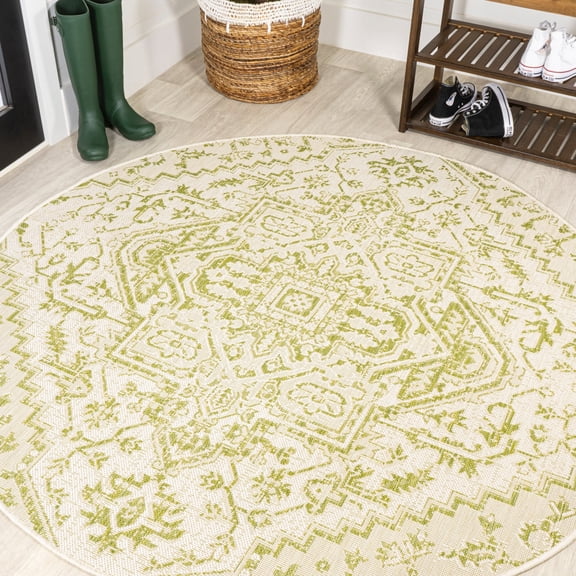 JONATHAN Y SANTA MONICA 5' Round Area Rug, Estrella Bohemian Medallion Textured Weave - Cream/Green, SMB105E-5R