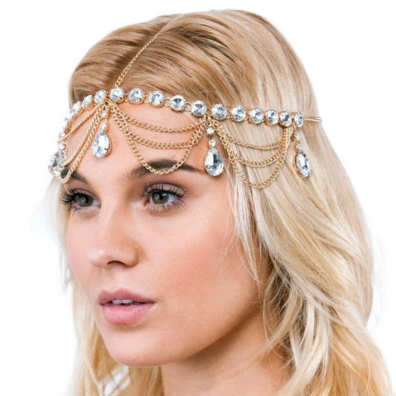 Crystal Head Chain Jewelry Gold Tassel Hair Chain Water Drop Pendant Head Chains Bride Wedding Bohemian Headpiece Halloween Christmas Prom Hair Accessories for Women and Girls