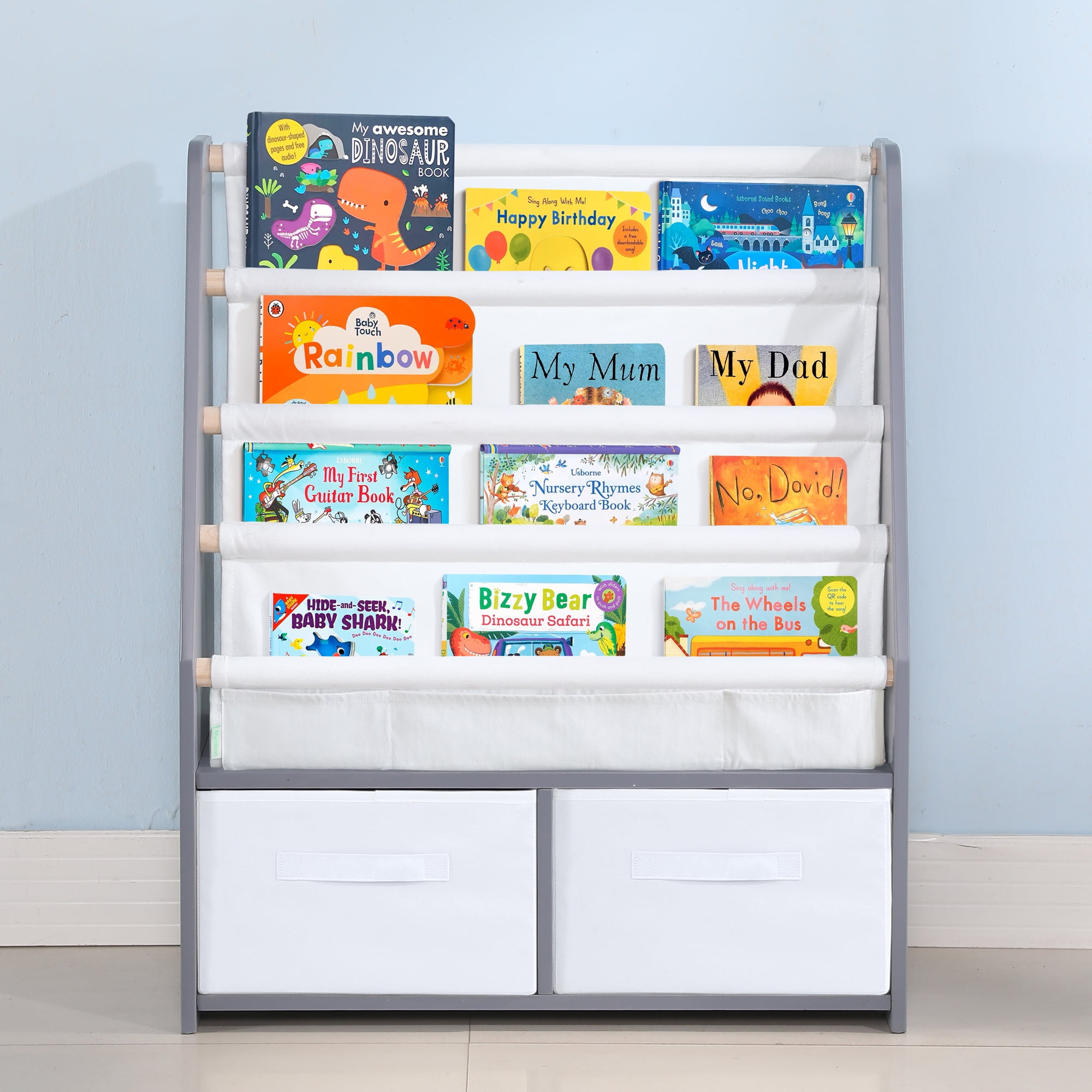 Childrens Bookshelf Kids Sling Book Rack with Two Storage Boxes and