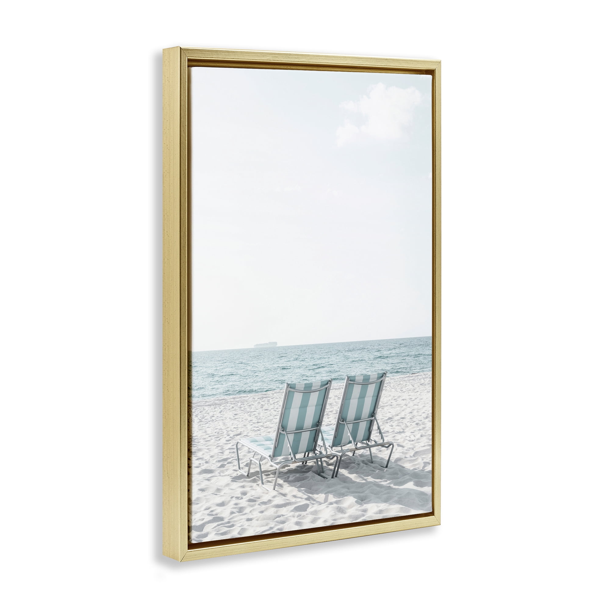Stupell Industries Soothing Blue Beach Chairs Nautical & Beach Photography Gold Floater Framed Canvas Art Print Wall Art, 21 x 31