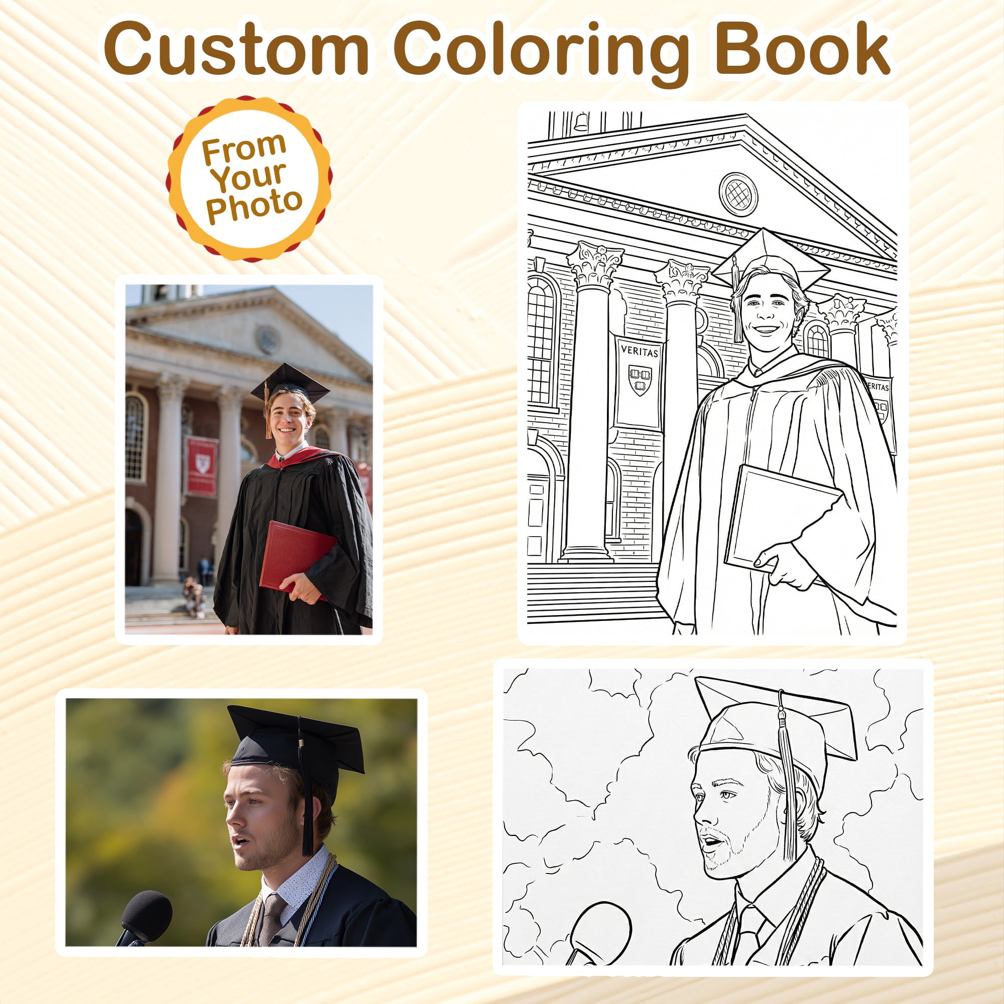 Personalized Graduation Coloring Book for Adults, Custom Coloring Pages from Your Graduation Photos, 12–48 Pages, Class of 2026 Gifts, Premium Wooden Cover, Spiral Binding