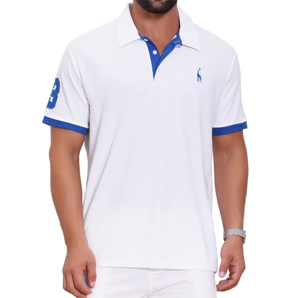 Camisa polo de piqué con patrón para hombre, de color contrastante, de manga corta, para golf, XL, blanca