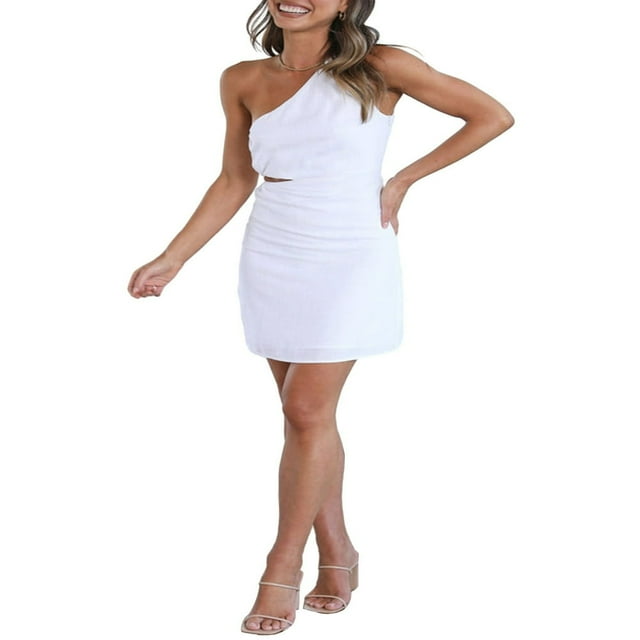 Women Summer One Shoulder Sleeveless Solid Color Hollow Dress