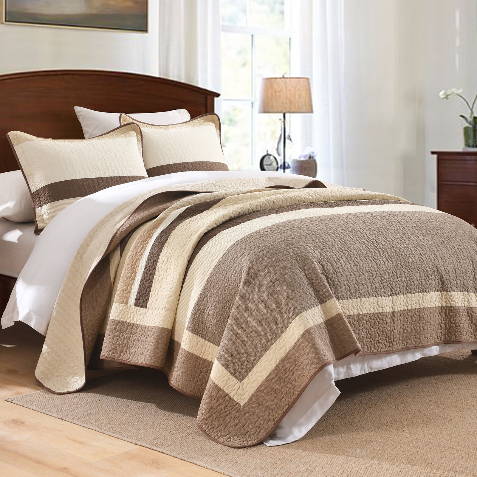 Bedduvit Striped Queen Size Quilts - 100% Organic Cotton Quilt Queen, Brown Black Beige Farmhouse Lightweight Bedspread Set for Queen Bed, Modern Neutral All-Season 3-Piece Comforter Set, 98"x90"