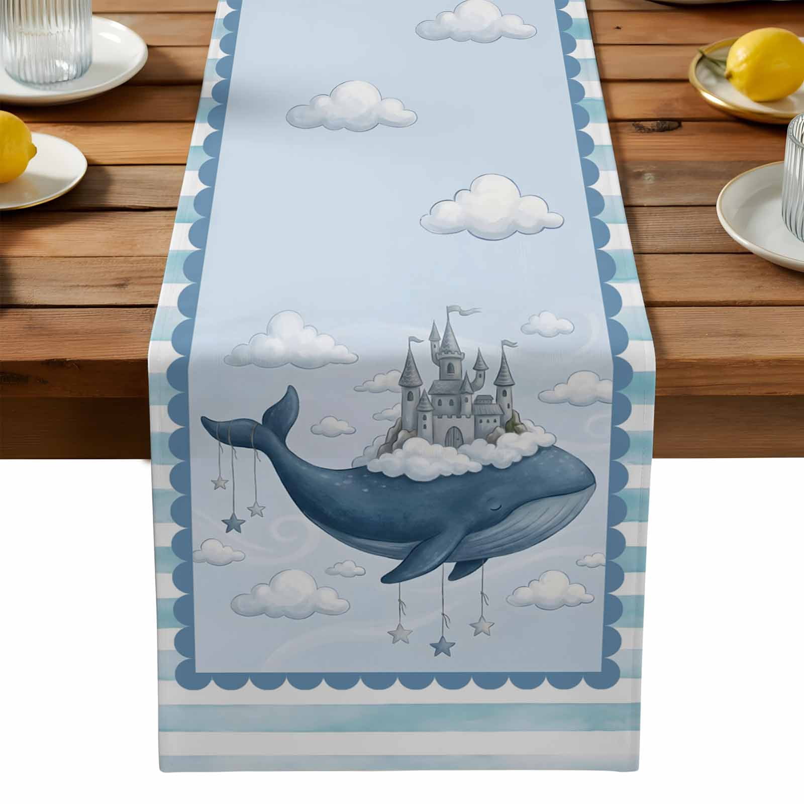 Burlap Table Runner 70 Inches Long,Ocean Whale Castle Cloud Sky Non-Slip Kitchen Table Runners for Dining Room Everyday Use Party Table Decorations Blue Theme Stripe