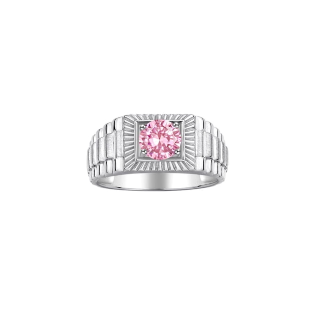 RYLOS Men's Ring 14K White Gold Ring, 7MM Round Shape Gemstone Designer Style Rings Pink Ice October Birthstone Rings Gold Size 13