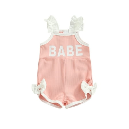 

jaweiw Baby Girls Summer Romper Playsuit Sleeveless Ruffle Shoulder Straps Lettering Elastic Rib Surface Bow Decor One Piece Jumpsuit