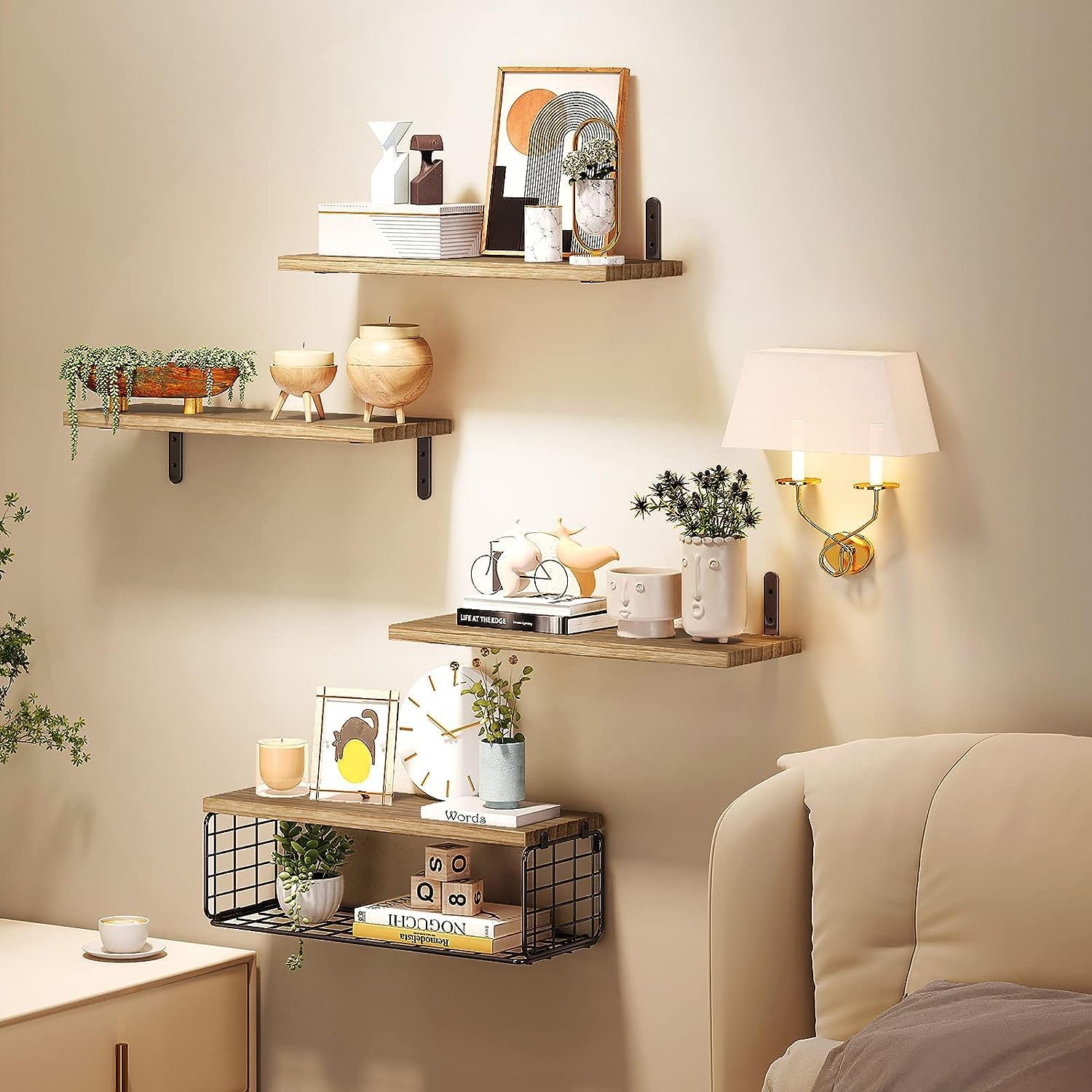 4+1 Tier Floating Shelves, Bathroom Shelves Over Toilet with Wire Storage Basket (Brown)