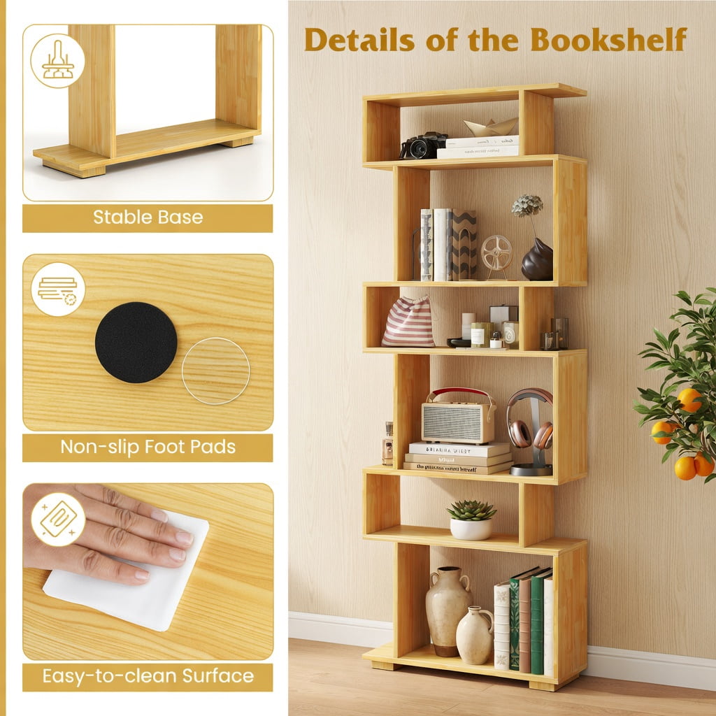 GVN 6-Tier Geometric Open Bookshelf Stylish Modern Display Bookcase with 2 Anti-Tipping Kits Stable Structure for Home Office Study Living Room Storage Furniture, Wood