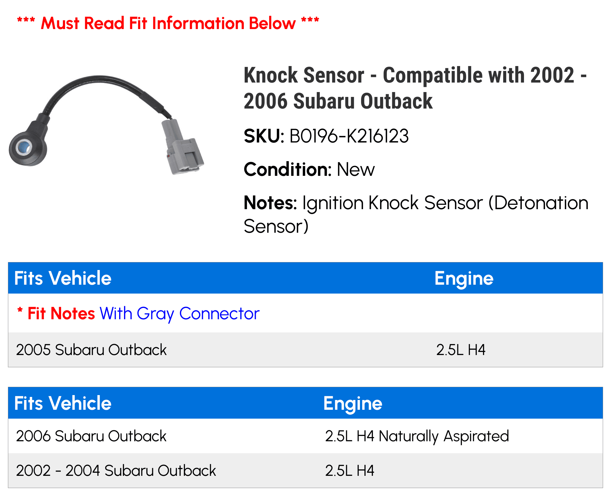 Knock Sensor - Compatible with 2002 - 2006 Subaru Outback 2003 2004 2005