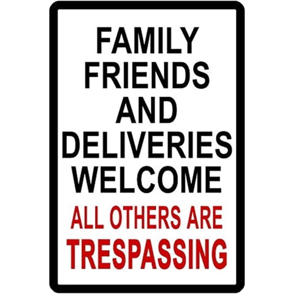 Retro No Trespassing Metal Tin Sign, No Soliciting Friends Delivery Welcome Decor for Garage Yard Home Outdoor, 8 x 12 Inch
