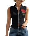 thumbnail image 6 of Karymi Womens Workout Tops Red Rose Print Sleeveless Vest, Stand Collar Full Zip Front Slim Fitted Cropped Waistcoat, Casual Layering Jacket Workout Tops for Women, 6 of 8