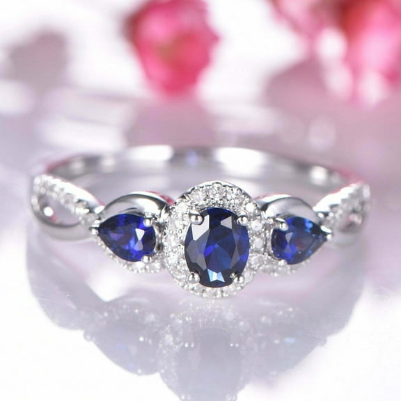 HeartsAndYou 2.2ct Natural Sapphire Diamond Engagement Ring Halo Trilogy 14k SOLID White Gold