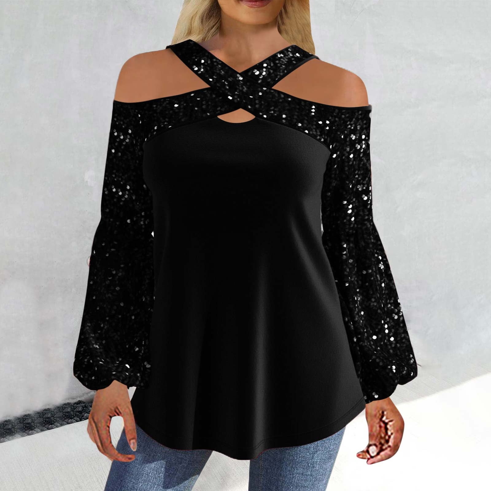 black off the shoulder sequin top
