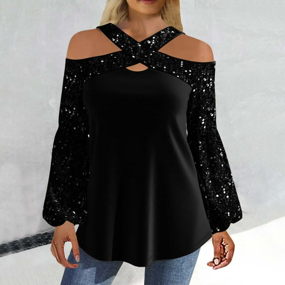 NSLGXD Sequin Tops Womens Vintage Off Shoulder Long Sleeve Shirts Flowy Sequin Patchwork Tunic Blouse Sparkly Bling T-Shirts Party Outfits