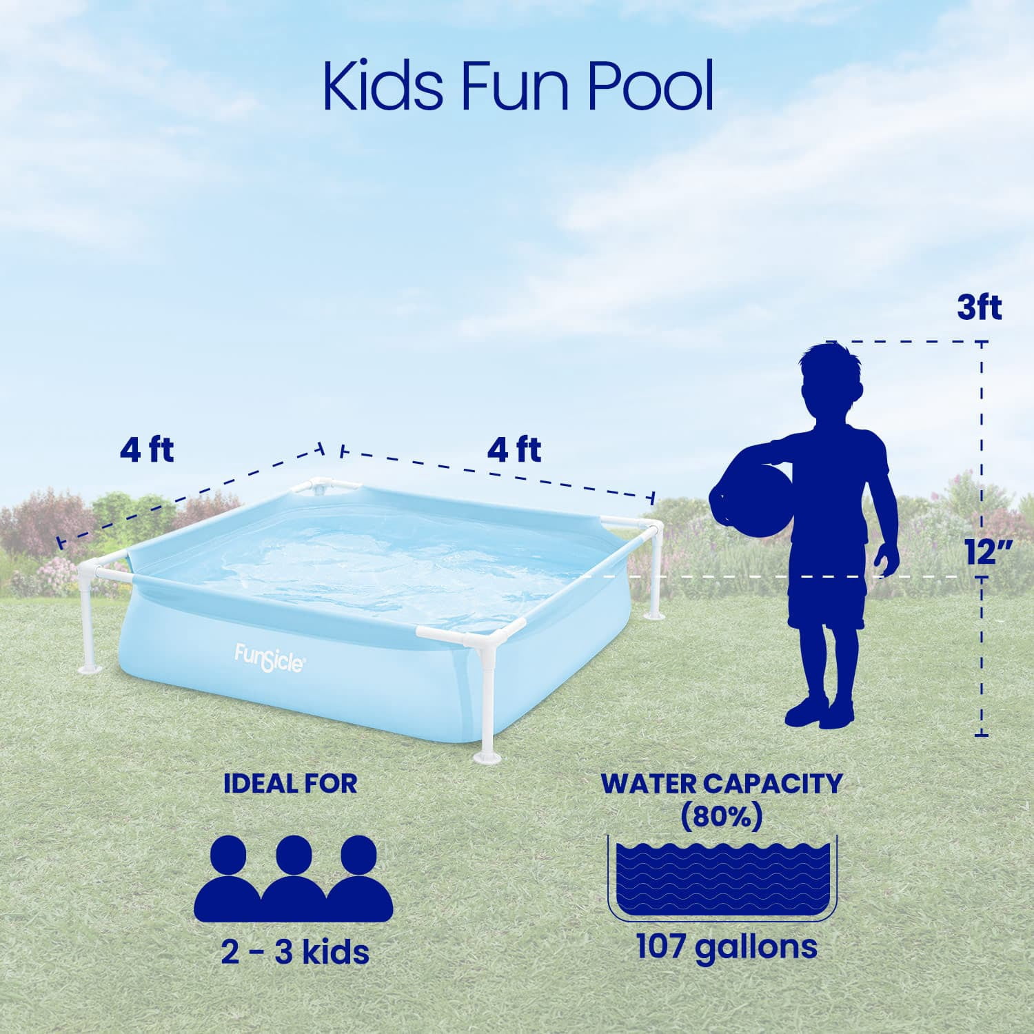 Funsicle Kids Fun Wading Splash Pool – Snap-In Metal Frame, 4’ x 4’ x 12”, Blue, Rectangular, Age 2 & up