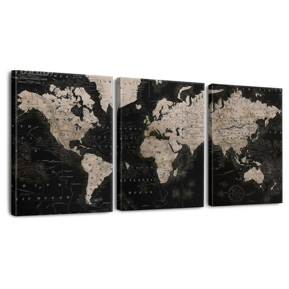 Carte du Monde Vintage Art Mural sur Toile Carte Rétro du Monde Impressions sur Toile Encadrées et Tendues pour Salon Prêtes à Accrocher 12x16 3 Pcs