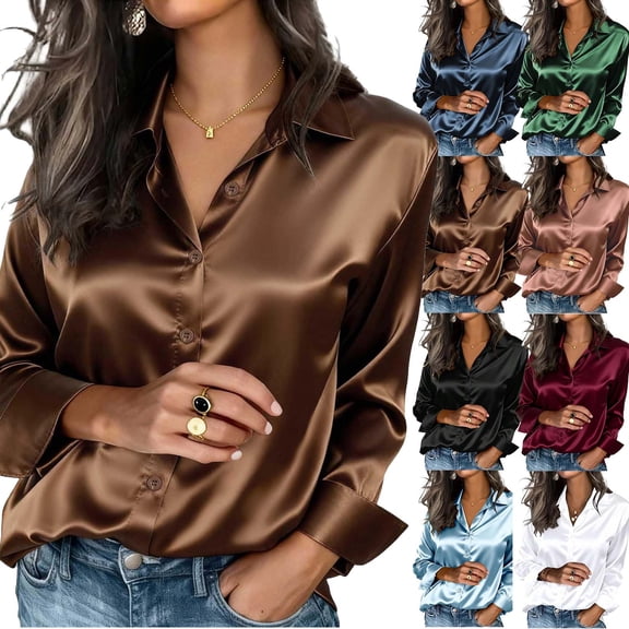 Women Silk Satin Shirts Long Sleeve Button Down Blouse Business Dressy Casual Loose Lapel Tops Outfits