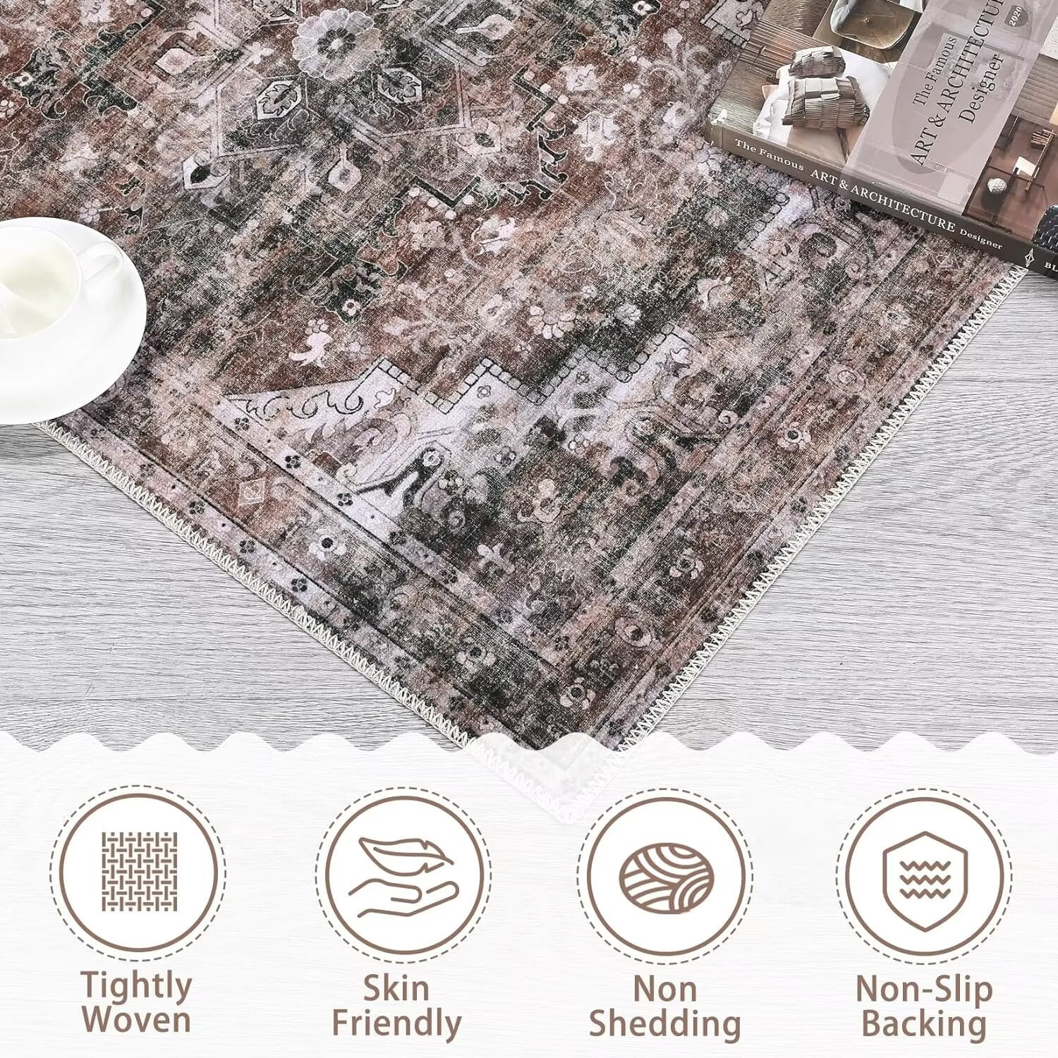Garvee 8x10 Washable Rugs Boho Tribal Rug Vintage Persian Distressed Area Rug Floral Print Floor Carpet Oriental Carpet for Dining Room Home Office, Brown