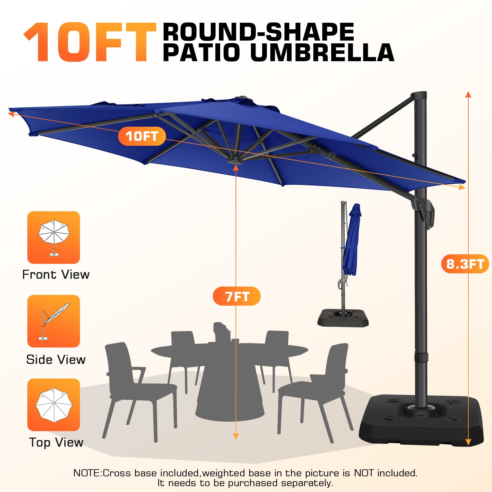 SANOPY 10ft Cantilever Patio Umbrella Outdoor Patio Umbrella, 360 Degree Rotation Steel Market Patio Umbrella with Steel Base, Crank, Tilt Button, Deep Blue