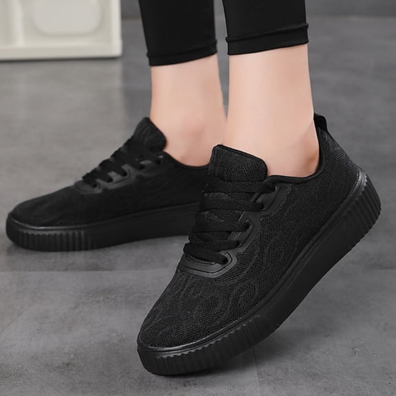 IEMIEMIEM Women's Mesh Shoes Lace Canvas Sneakers Summer Lace up Slip On Breathable Low Top Shoes Round Toe Anti-Slip Platform Sneakers Walking Shoes Black 5.5 Wide