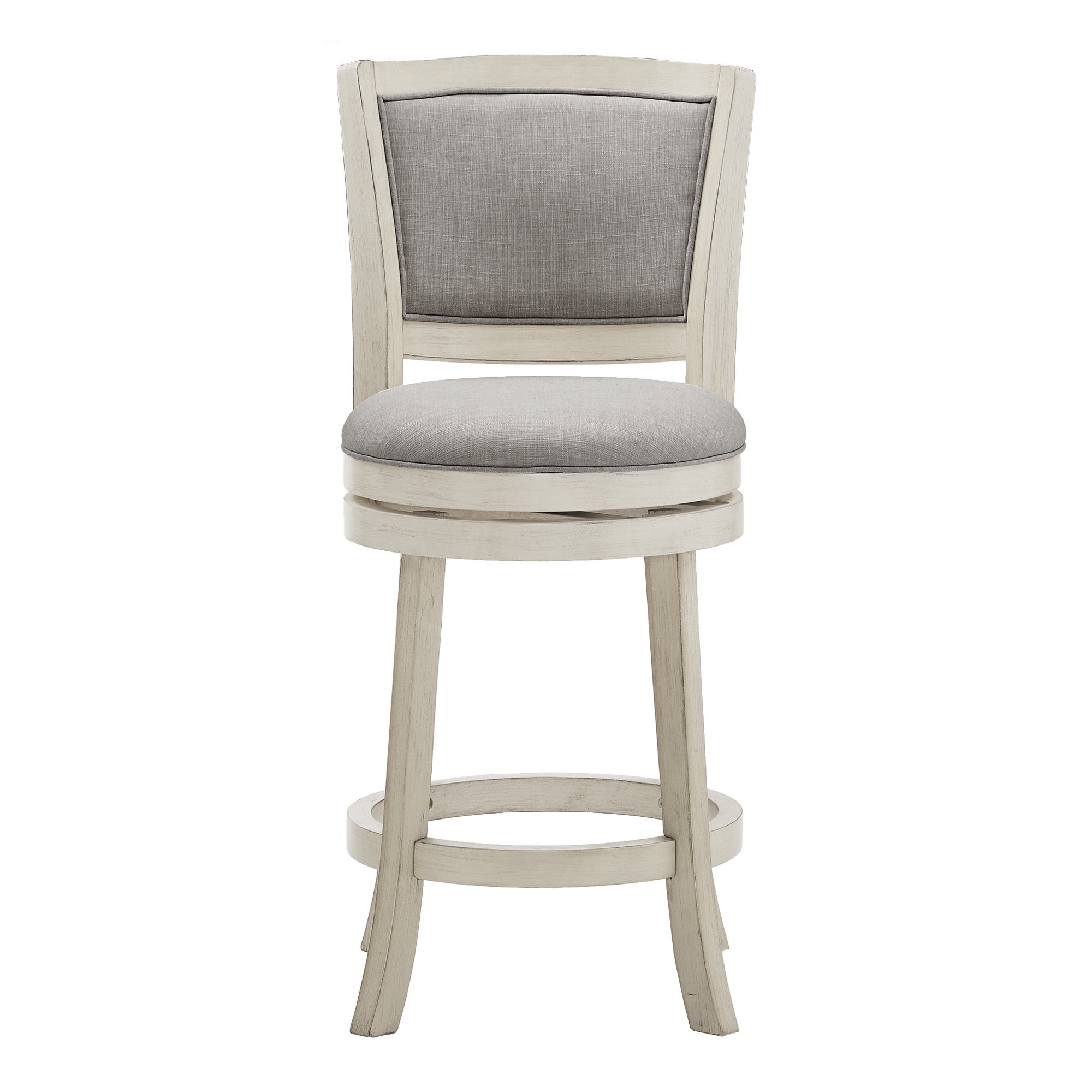 Weston Home Haas Upholstered Back Swivel Stool, 24" Counter Height, Antique White Finish, Gray Linen