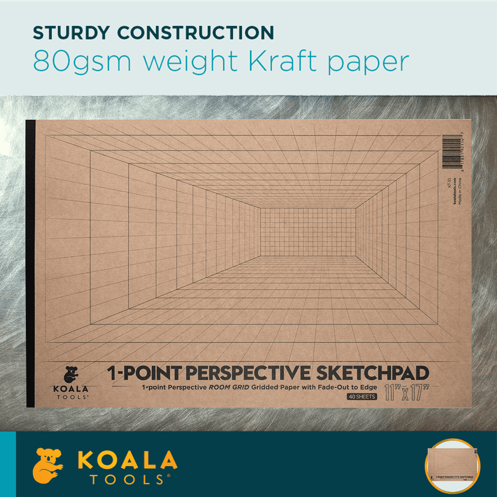 Koala Tools - 40-Page Large Drawing Pad for 1-Point Perspective Drawing Sketch Pad with Grid Graph Paper for Interior Room Design Industrial