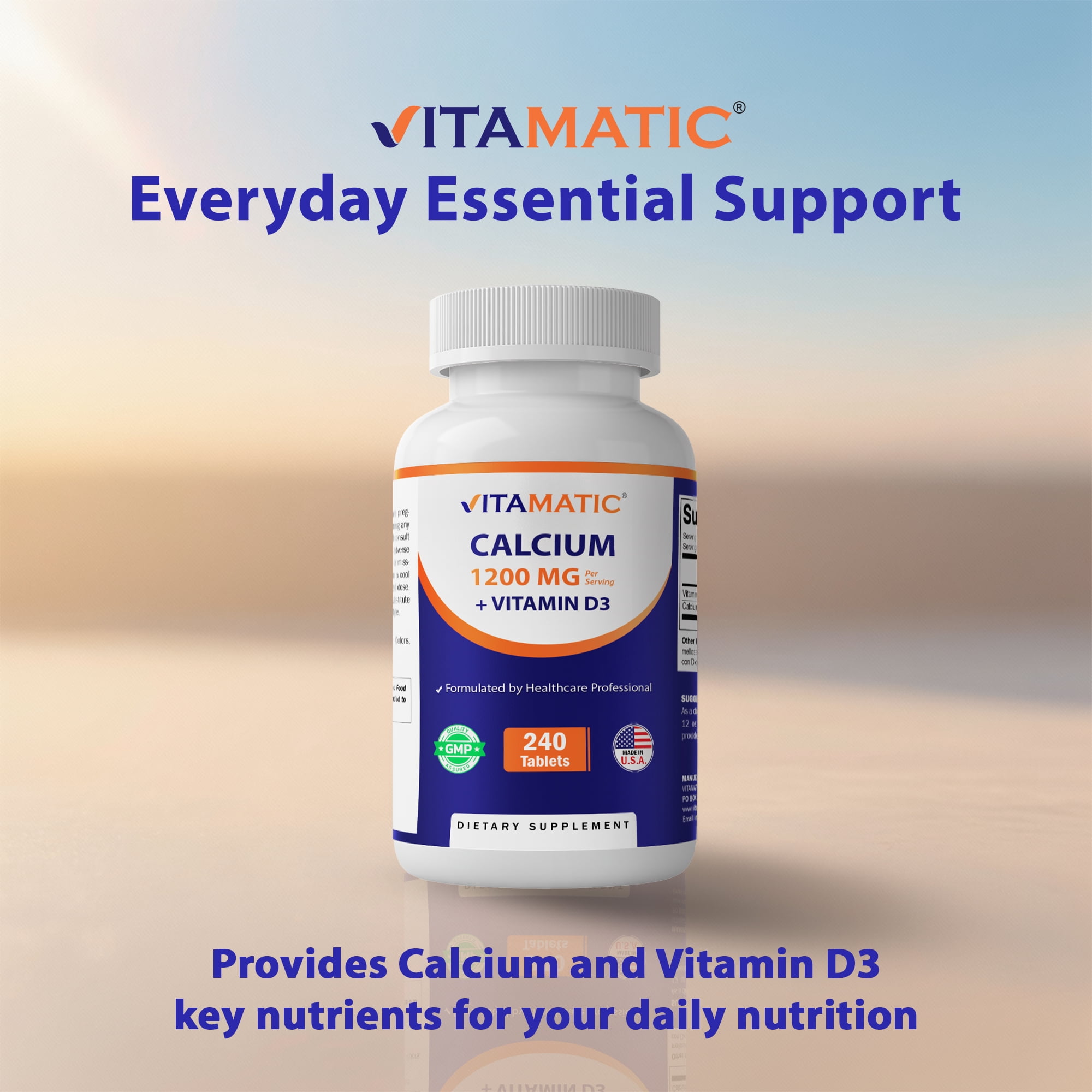 (2 pack) Vitamatic Calcium 1200mg with Vitamin D3 2000 IU (50mcg) – Bone & Immune Support Formula – 240 Tablets – High Absorption Calcium Carbonate with D3 – Non-GMO, Gluten-Free
