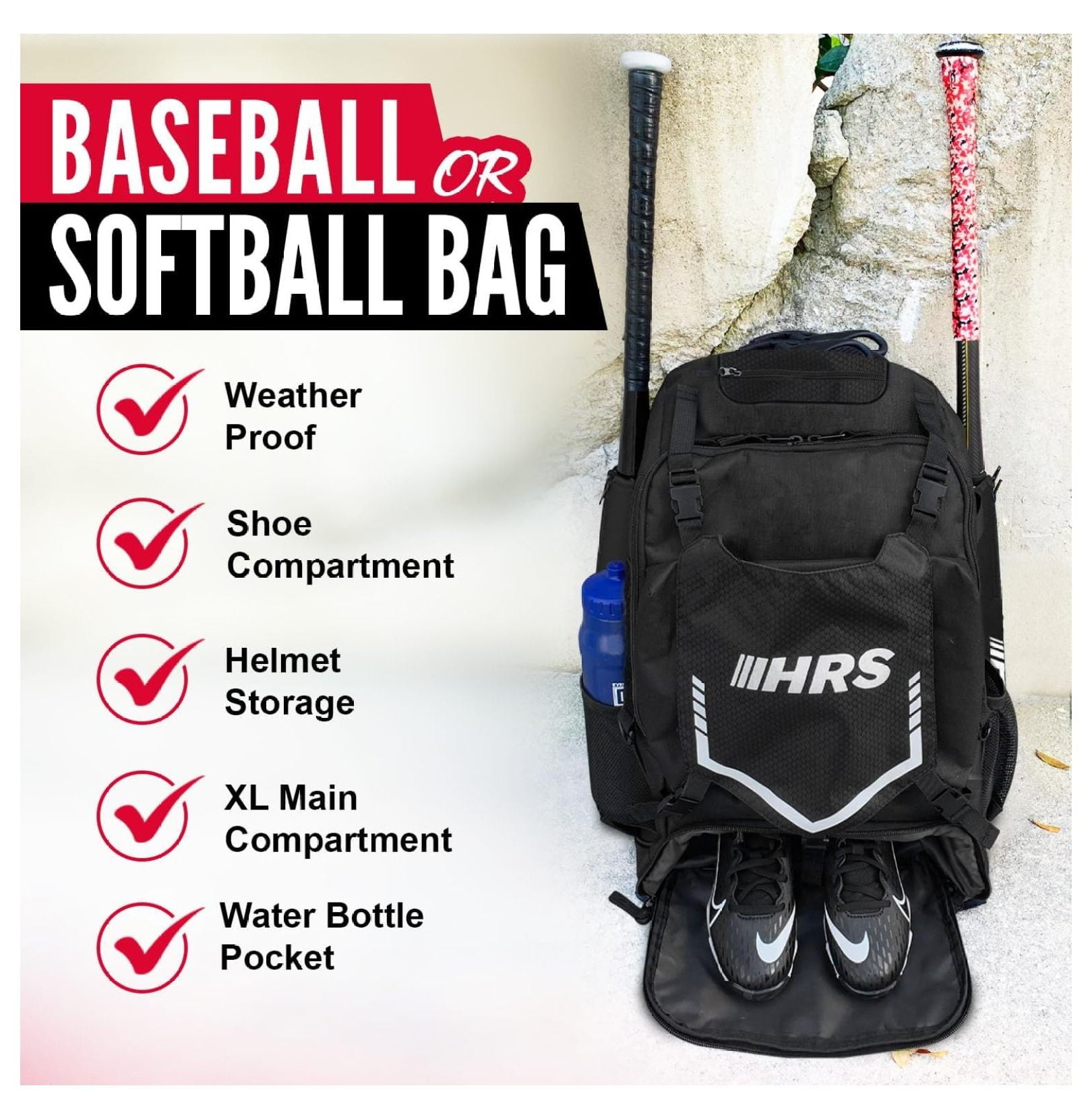 Baseball Bag, Softball Bat Bag for Youth & Adult. Holds 4 Bats, Glove, Water Bottle, Shoe Compartment, Helmet, Fence Hook for Equipment & Gear Black